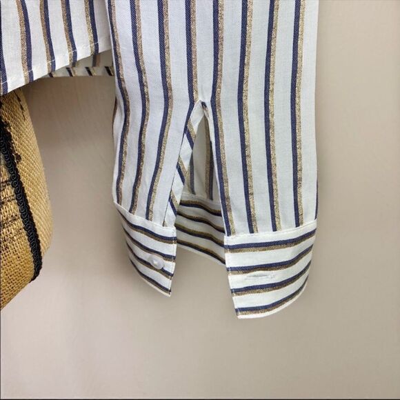 Express The Boxy Shirt Striped Button Front Shirt Blue White Gold Small - Picture 12 of 12